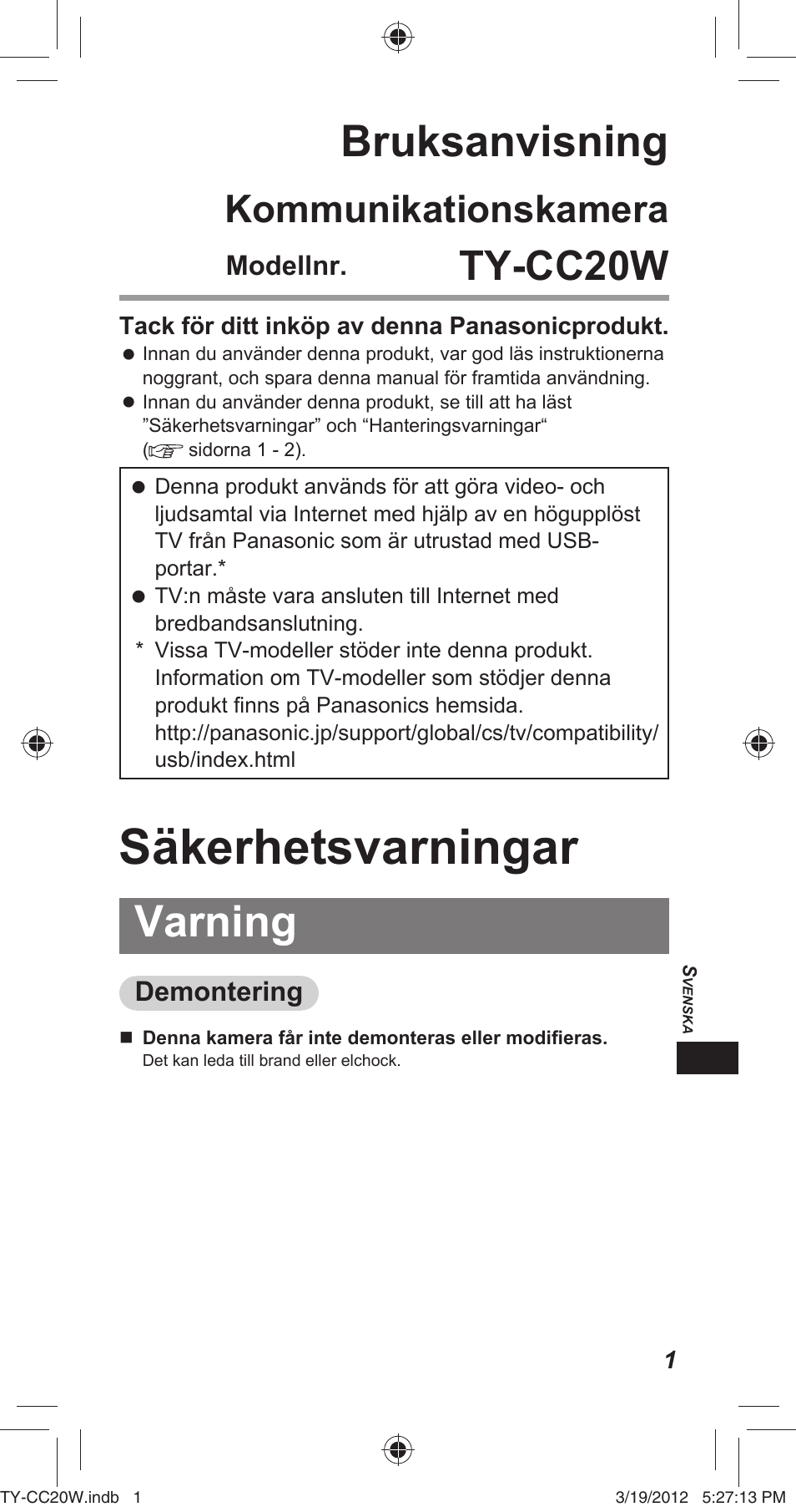 Säkerhetsvarningar, Bruksanvisning, Varning | Ty-cc20w, Kommunikationskamera, Modellnr, Demontering | Panasonic TYCC20W User Manual | Page 117 / 188