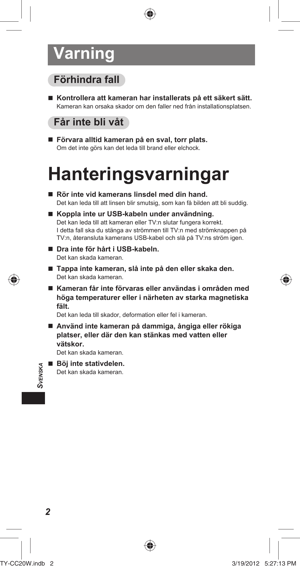 Hanteringsvarningar, Varning, Förhindra fall | Får inte bli våt | Panasonic TYCC20W User Manual | Page 118 / 188