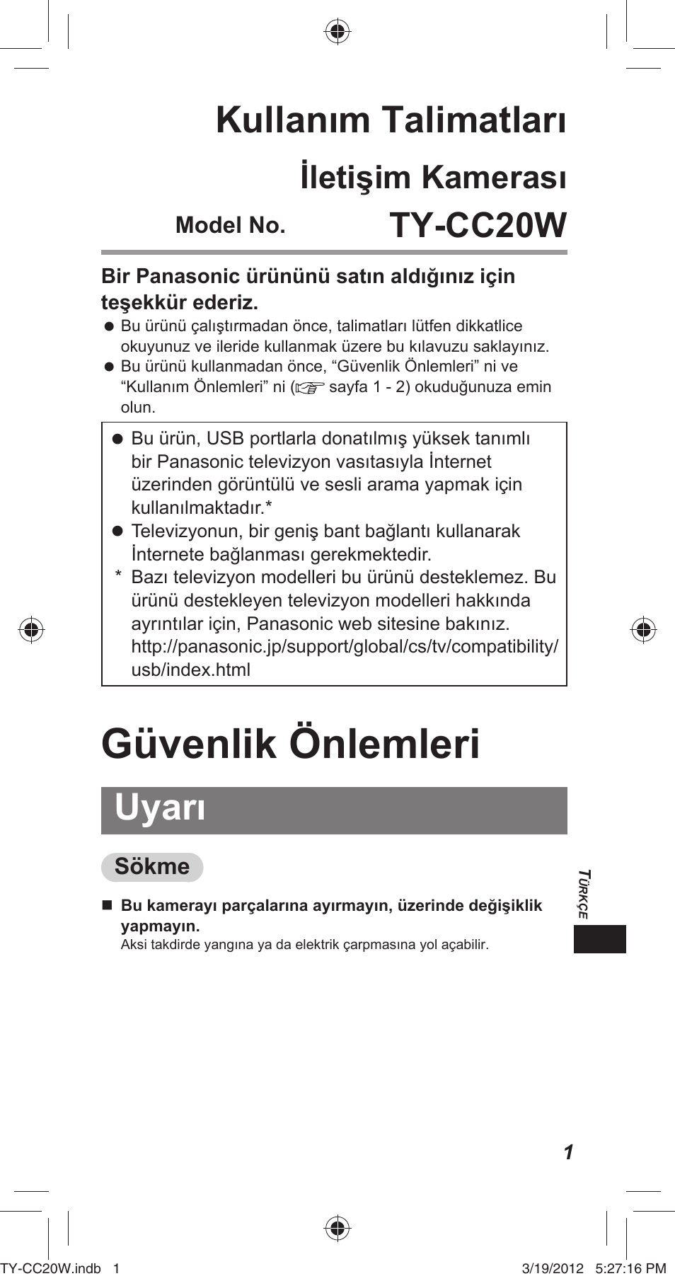 Güvenlik önlemleri, Kullanım talimatları, Uyarı | Ty-cc20w, Iletişim kamerası, Model no, Sökme | Panasonic TYCC20W User Manual | Page 125 / 188