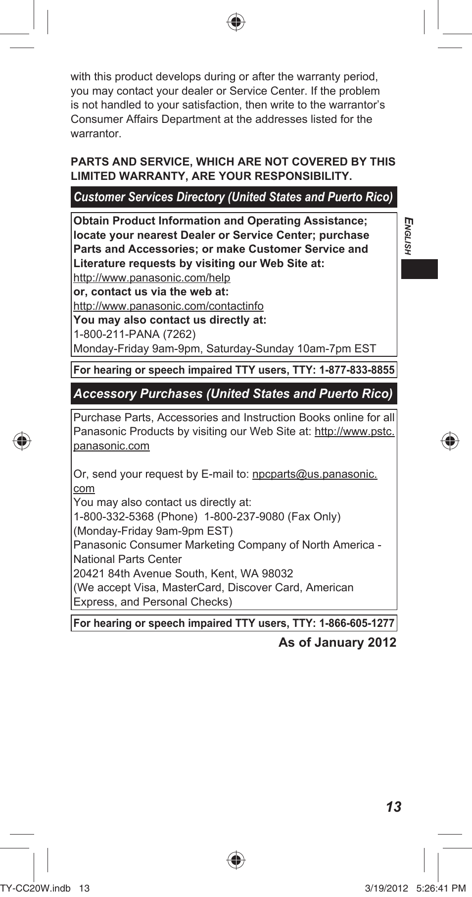 Panasonic TYCC20W User Manual | Page 13 / 188