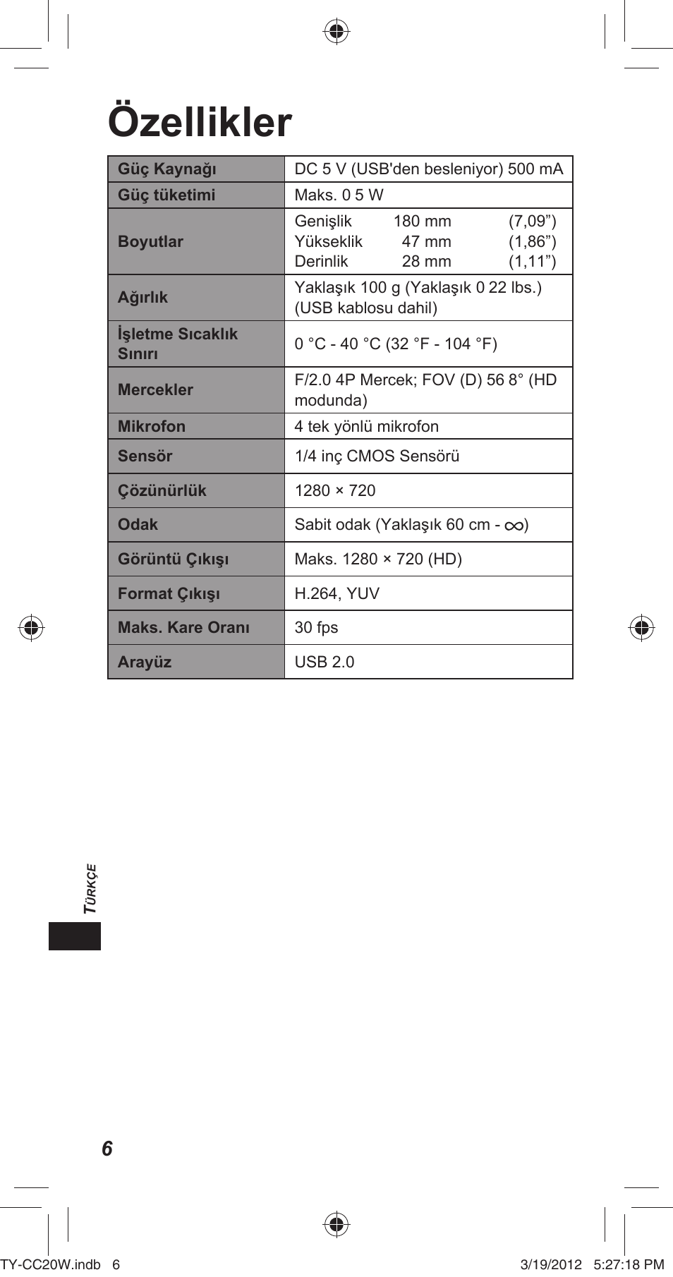 Özellikler | Panasonic TYCC20W User Manual | Page 130 / 188