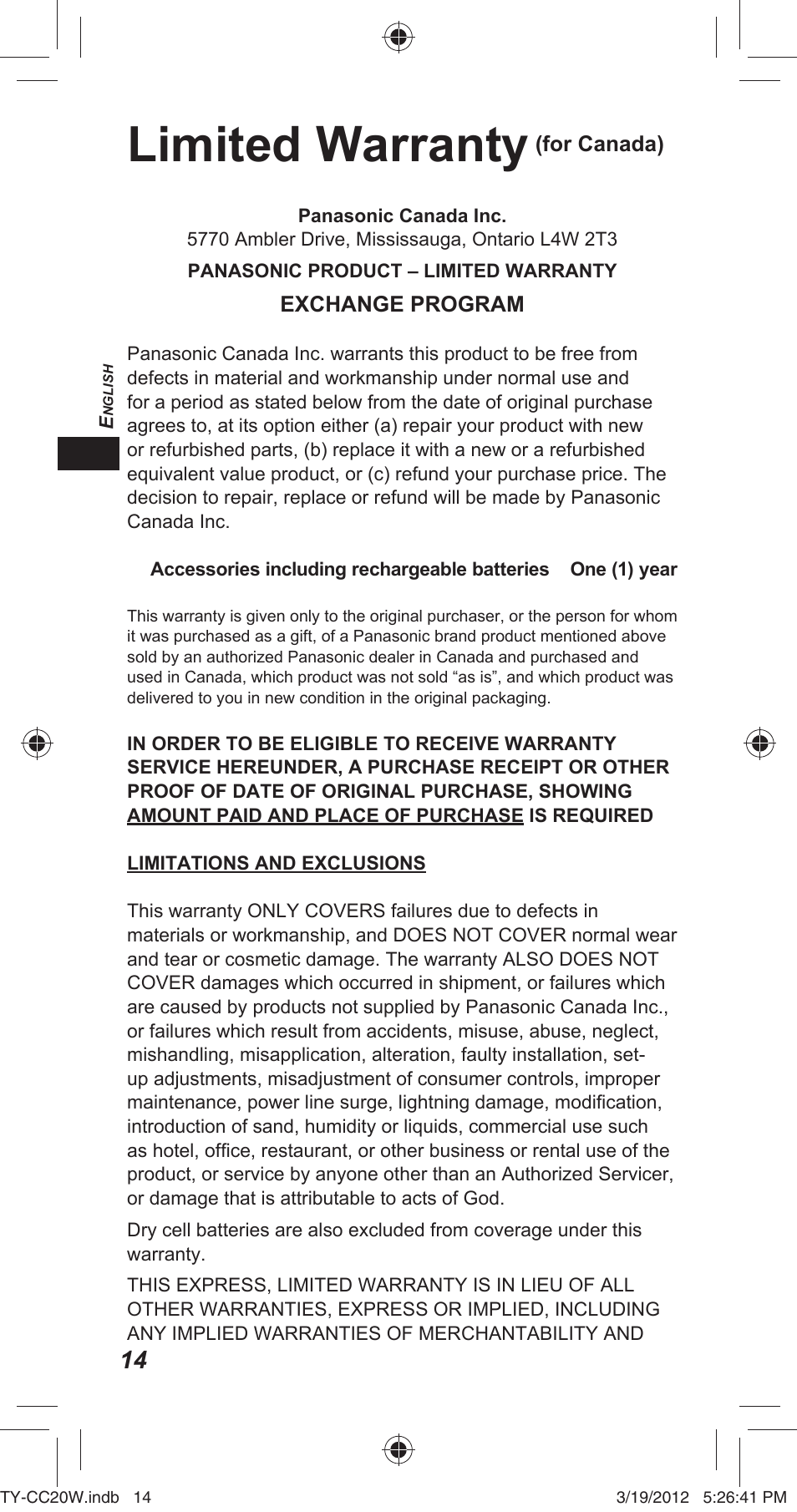 Limited warranty | Panasonic TYCC20W User Manual | Page 14 / 188