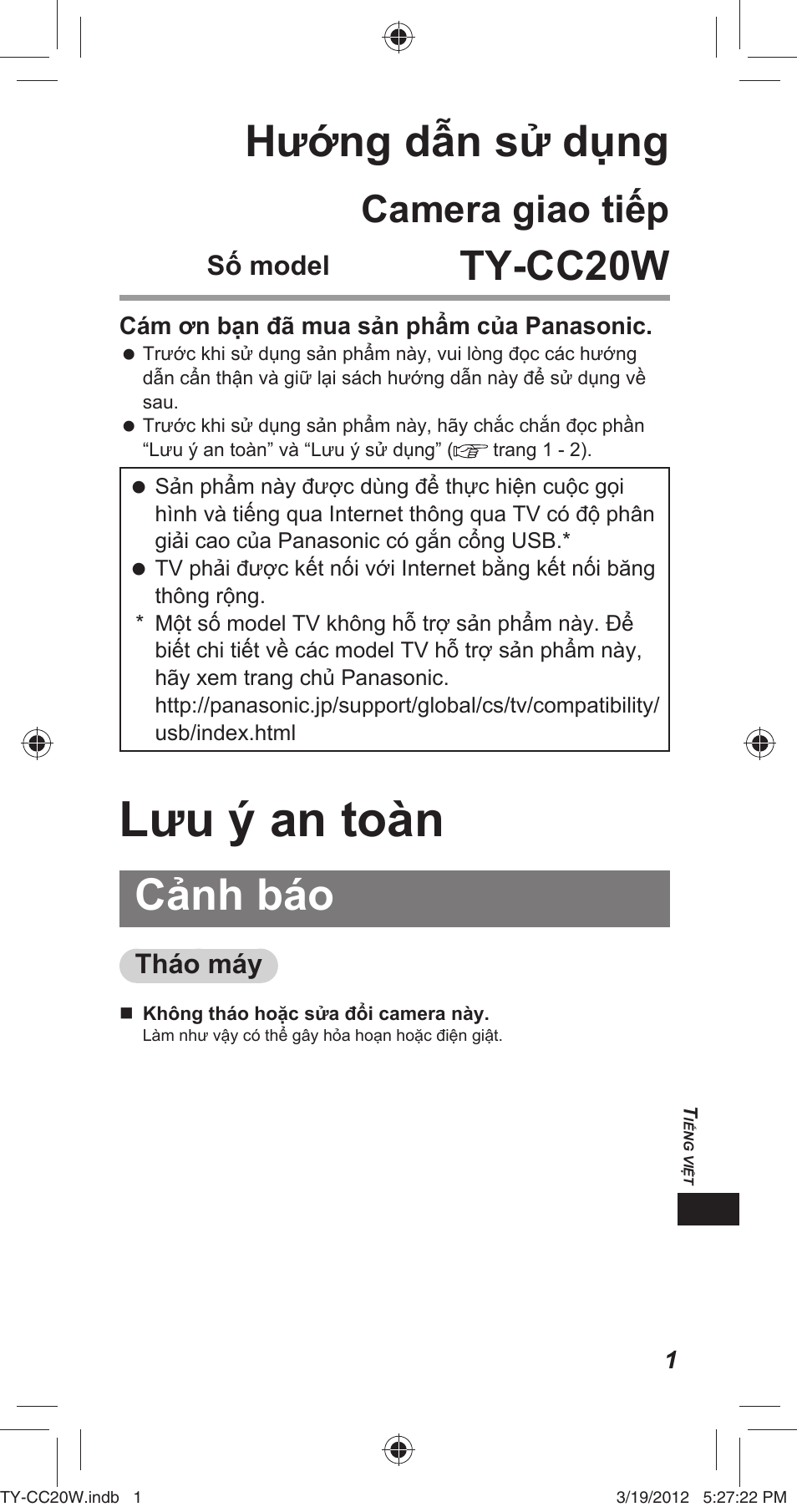 Lưu ý an toà n, Hướ ng dẫ n sử dụ ng, Cả nh bá o | Ty-cc20w, Camera giao tiế p, Số model, Thá o má y | Panasonic TYCC20W User Manual | Page 141 / 188