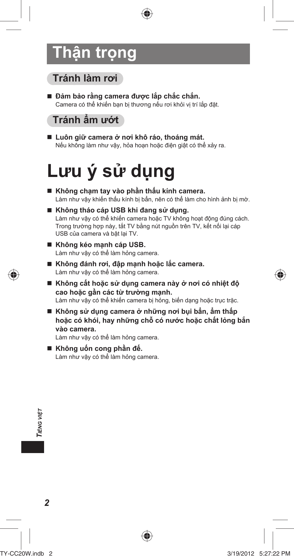 Lưu ý sử dụ ng, Thậ n trọ ng, Trá nh là m rơi | Trá nh ẩ m ướ t | Panasonic TYCC20W User Manual | Page 142 / 188