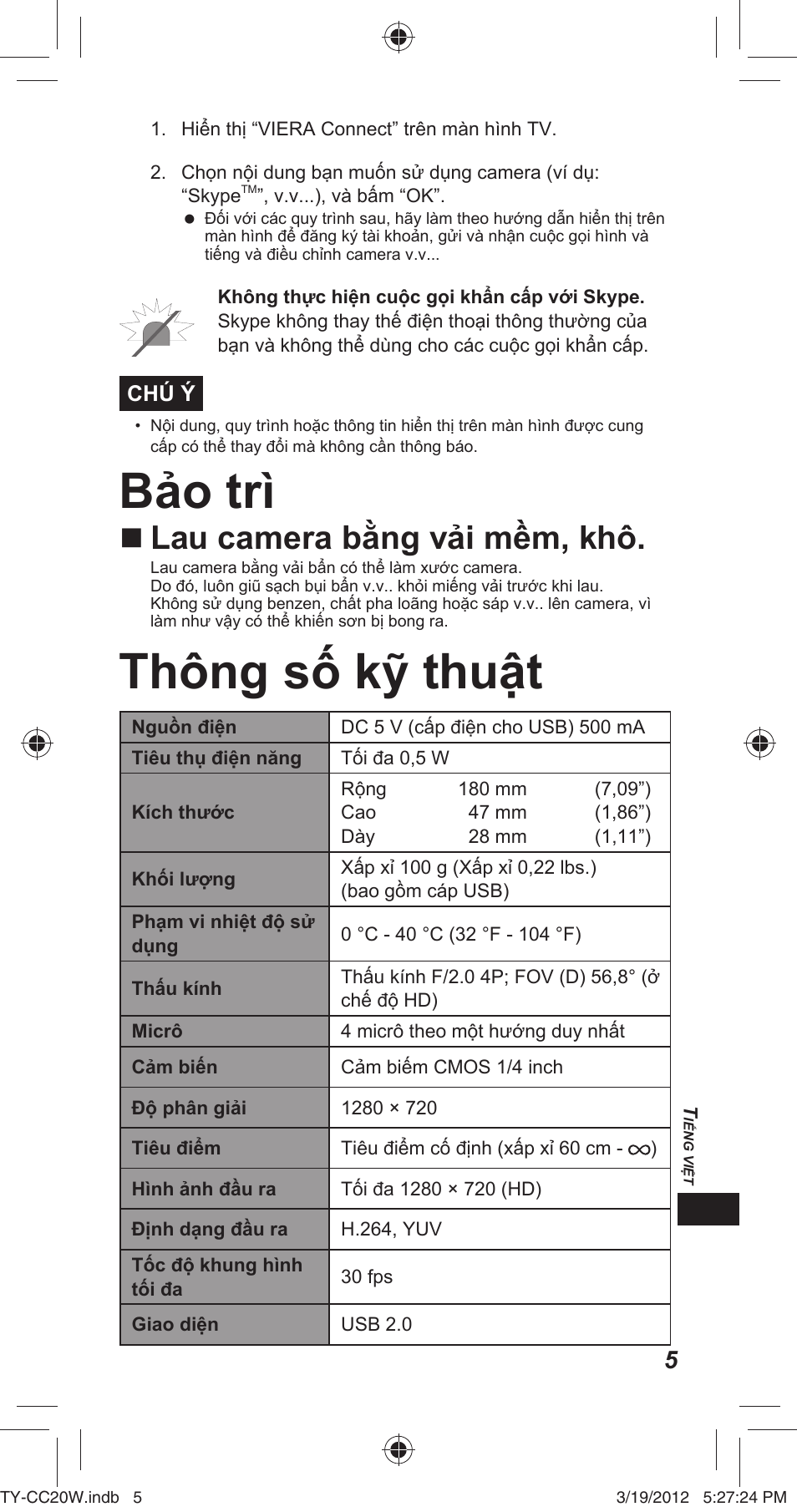 Bả o trì, Thông số kỹ thuậ t, Lau camera bằ ng vả i mề m, khô | Panasonic TYCC20W User Manual | Page 145 / 188