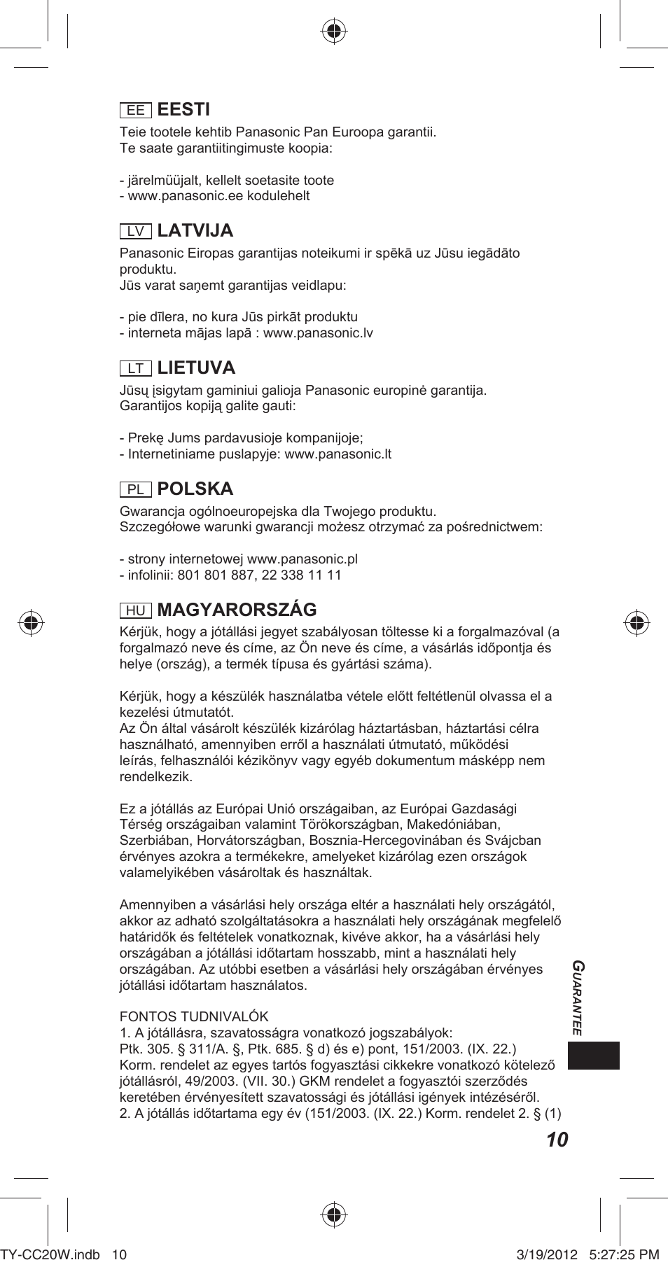 Eesti, Latvija, Lietuva | Polska, Magyarország | Panasonic TYCC20W User Manual | Page 157 / 188