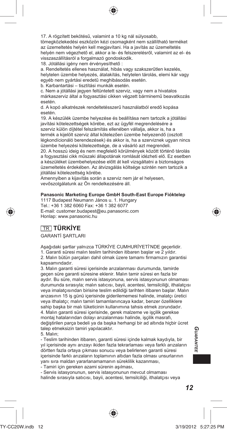 Türkiye | Panasonic TYCC20W User Manual | Page 159 / 188