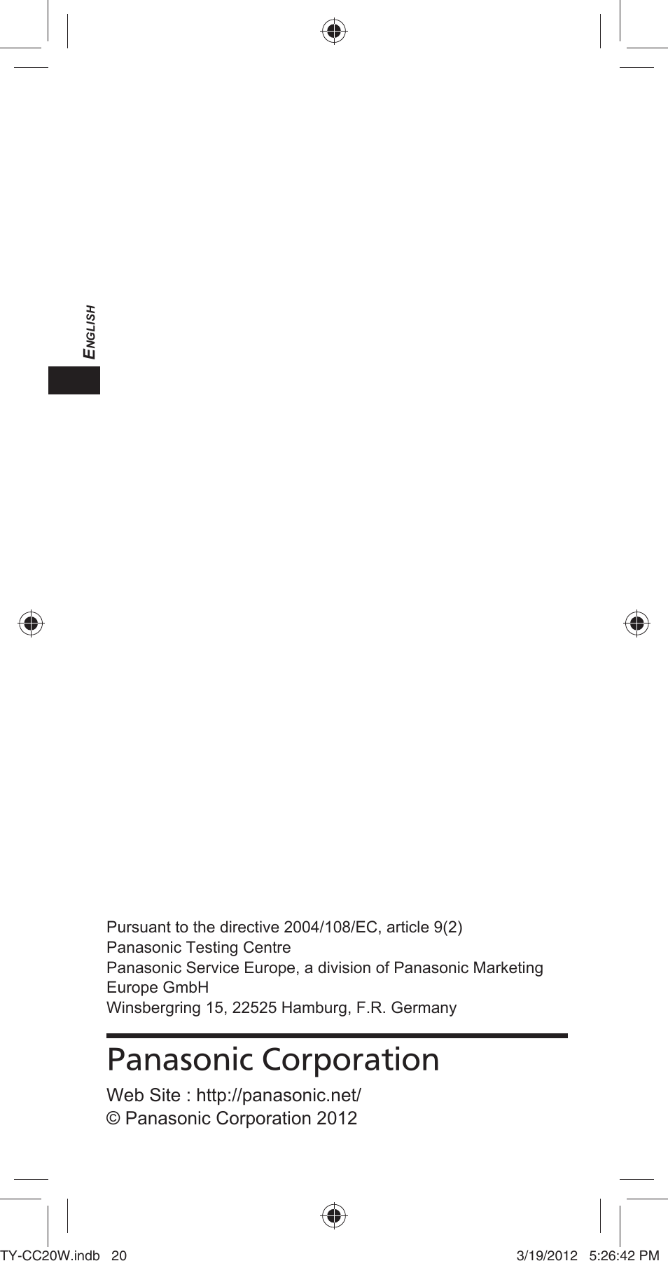 Panasonic corporation | Panasonic TYCC20W User Manual | Page 20 / 188