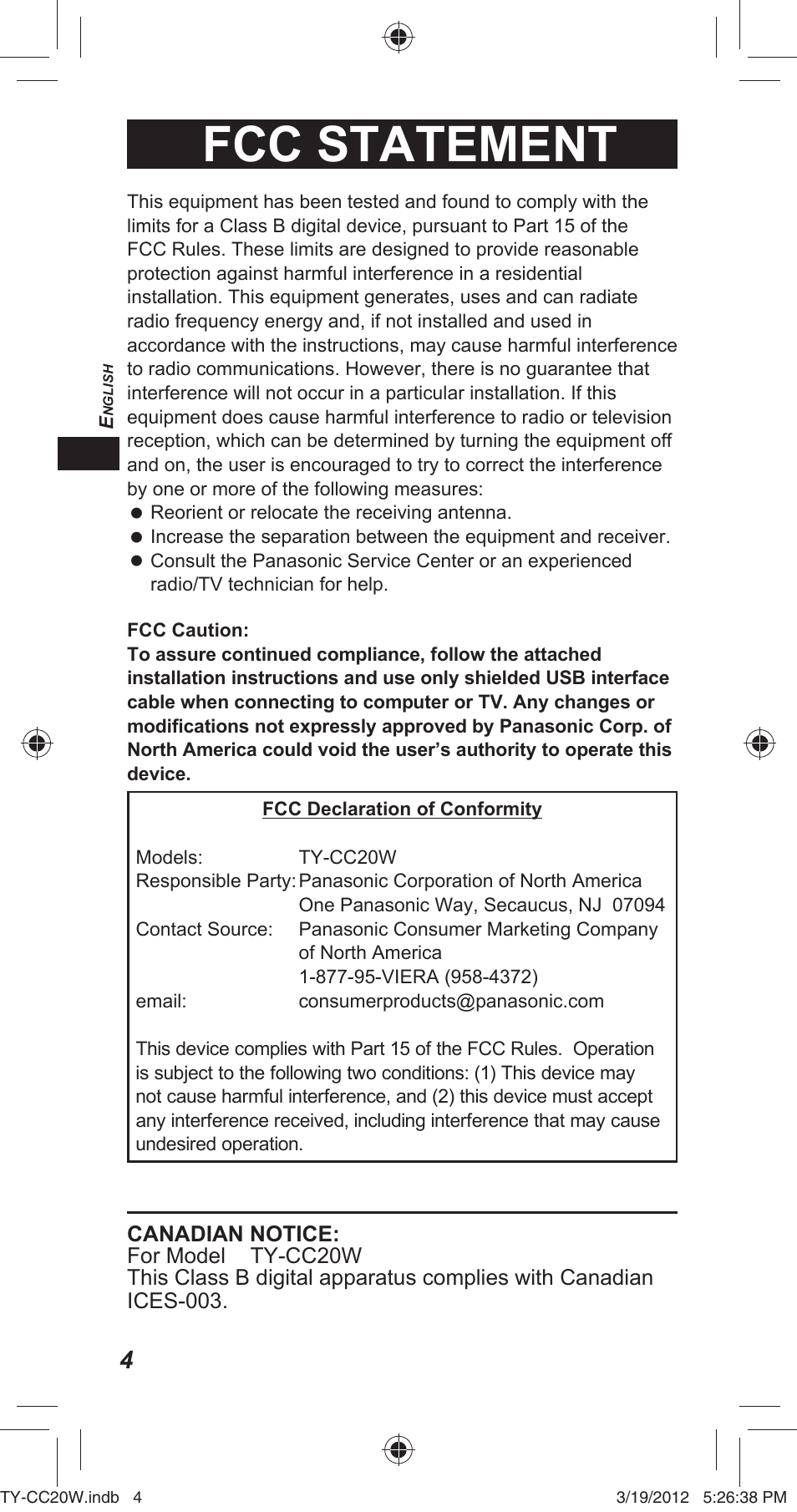 Fcc statement | Panasonic TYCC20W User Manual | Page 4 / 188
