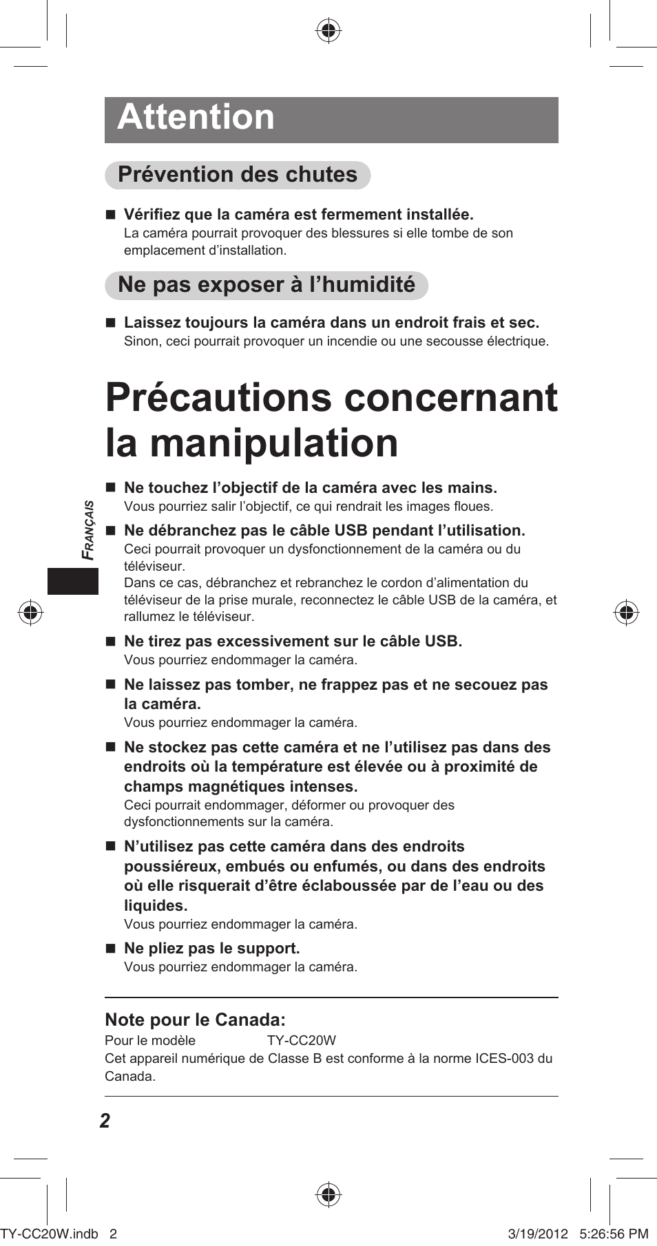 Précautions concernant la manipulation, Attention, Prévention des chutes | Ne pas exposer à l’humidité | Panasonic TYCC20W User Manual | Page 60 / 188