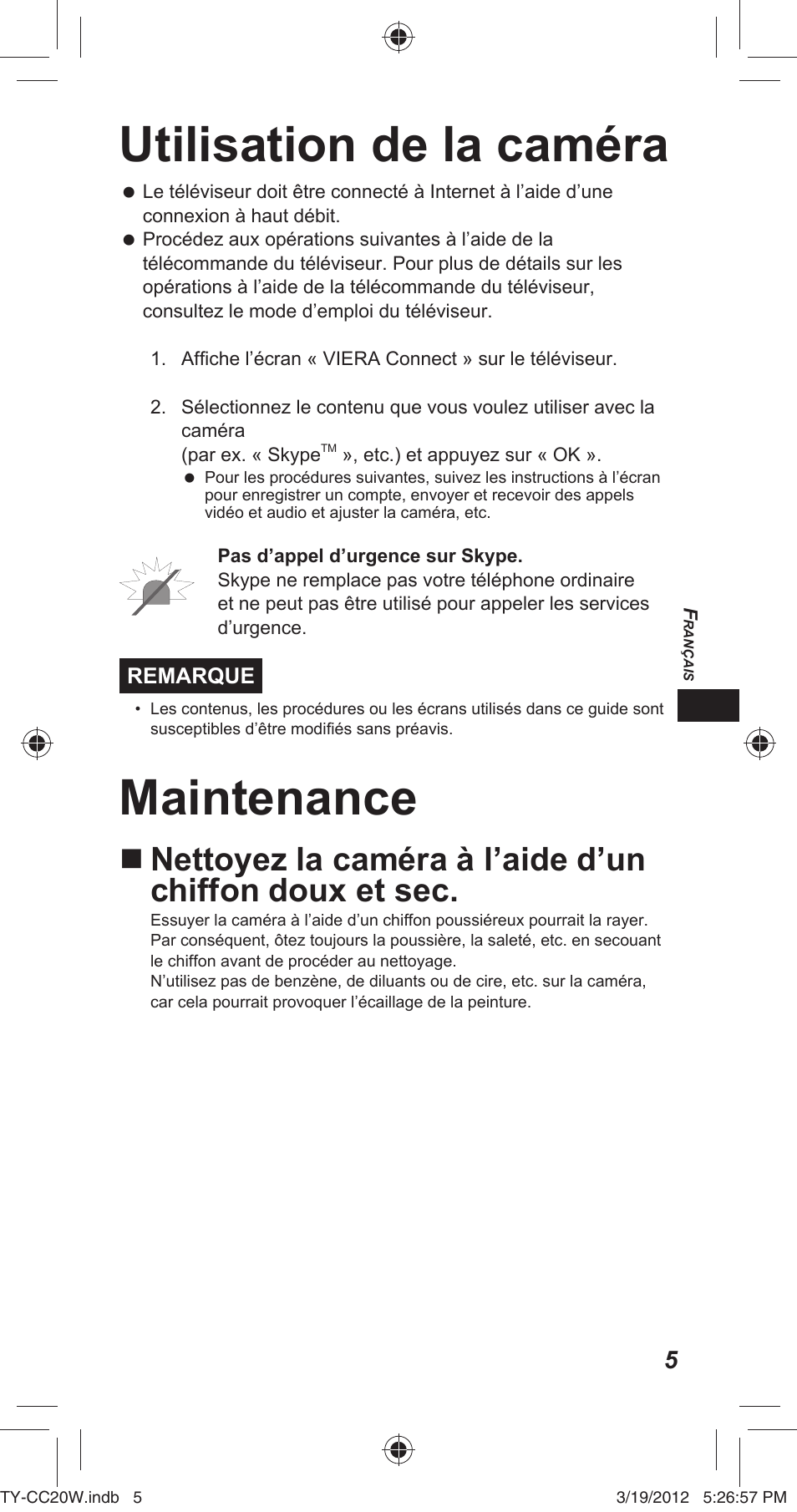 Utilisation de la caméra, Maintenance | Panasonic TYCC20W User Manual | Page 63 / 188