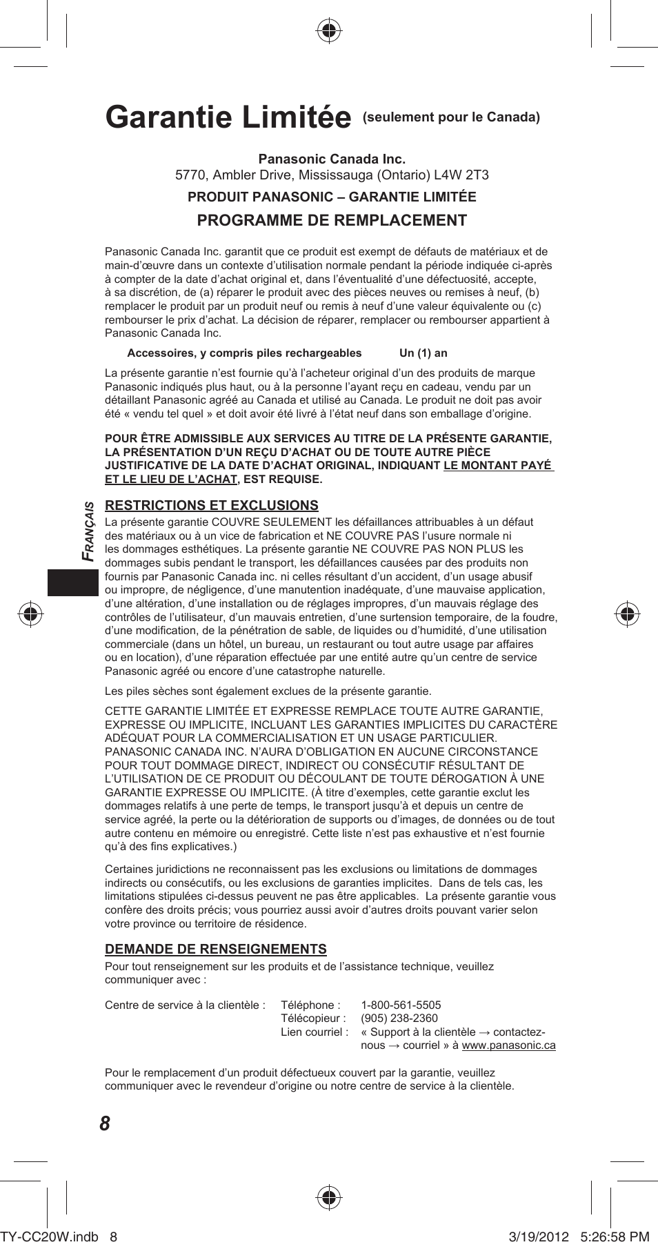 Garantie limitée | Panasonic TYCC20W User Manual | Page 66 / 188