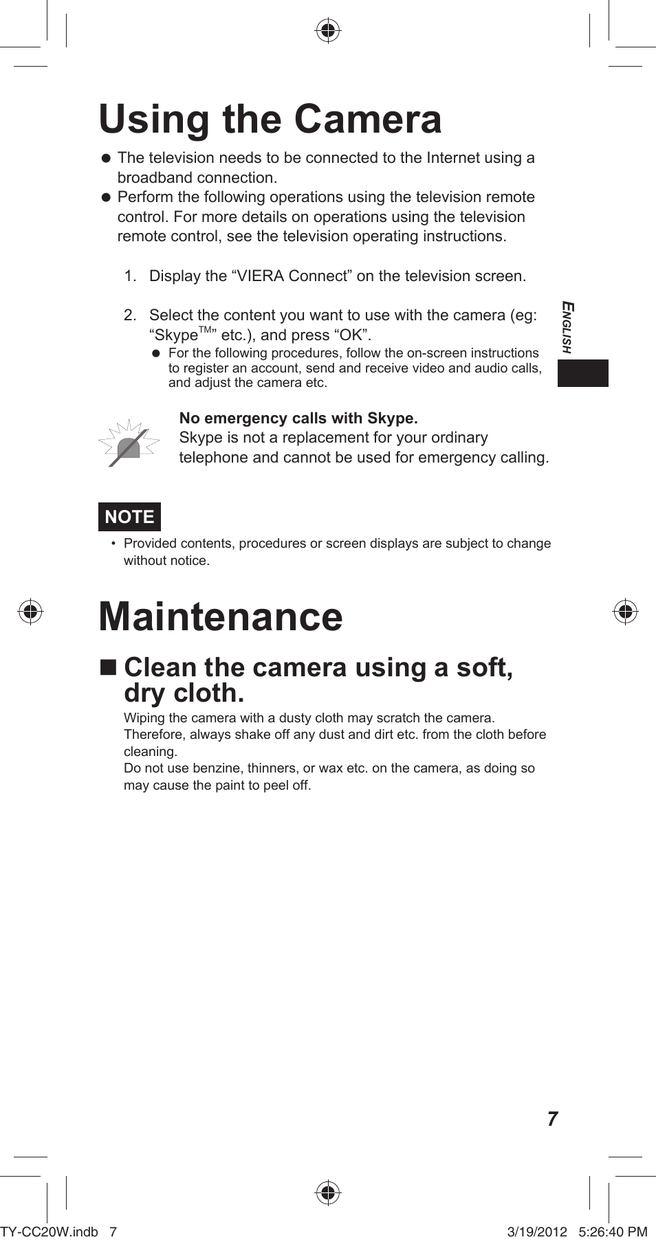 Using the camera, Maintenance, Clean the camera using a soft, dry cloth | Panasonic TYCC20W User Manual | Page 7 / 188