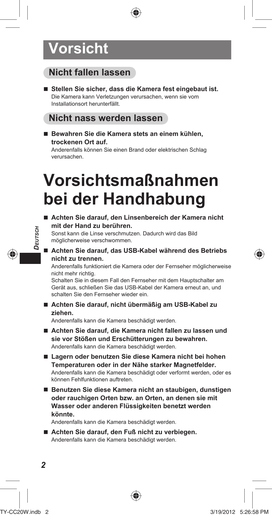 Vorsichtsmaßnahmen bei der handhabung, Vorsicht, Nicht fallen lassen | Nicht nass werden lassen | Panasonic TYCC20W User Manual | Page 70 / 188