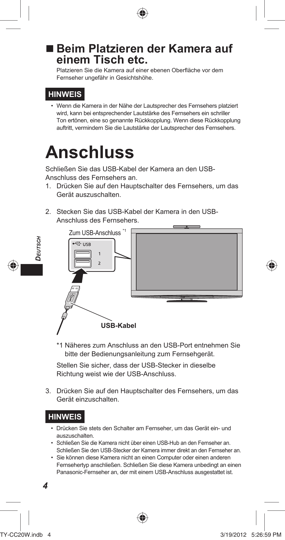 Anschluss, Beim platzieren der kamera auf einem tisch etc | Panasonic TYCC20W User Manual | Page 72 / 188