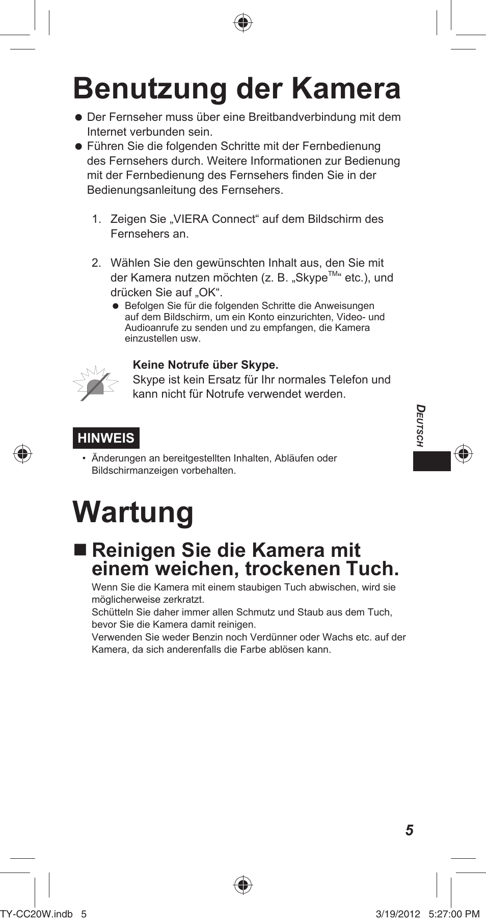 Benutzung der kamera, Wartung | Panasonic TYCC20W User Manual | Page 73 / 188