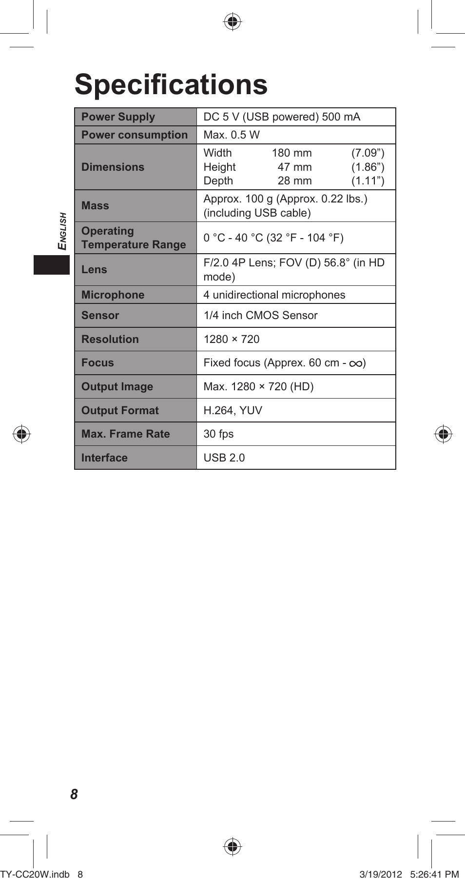 Specifi cations | Panasonic TYCC20W User Manual | Page 8 / 188