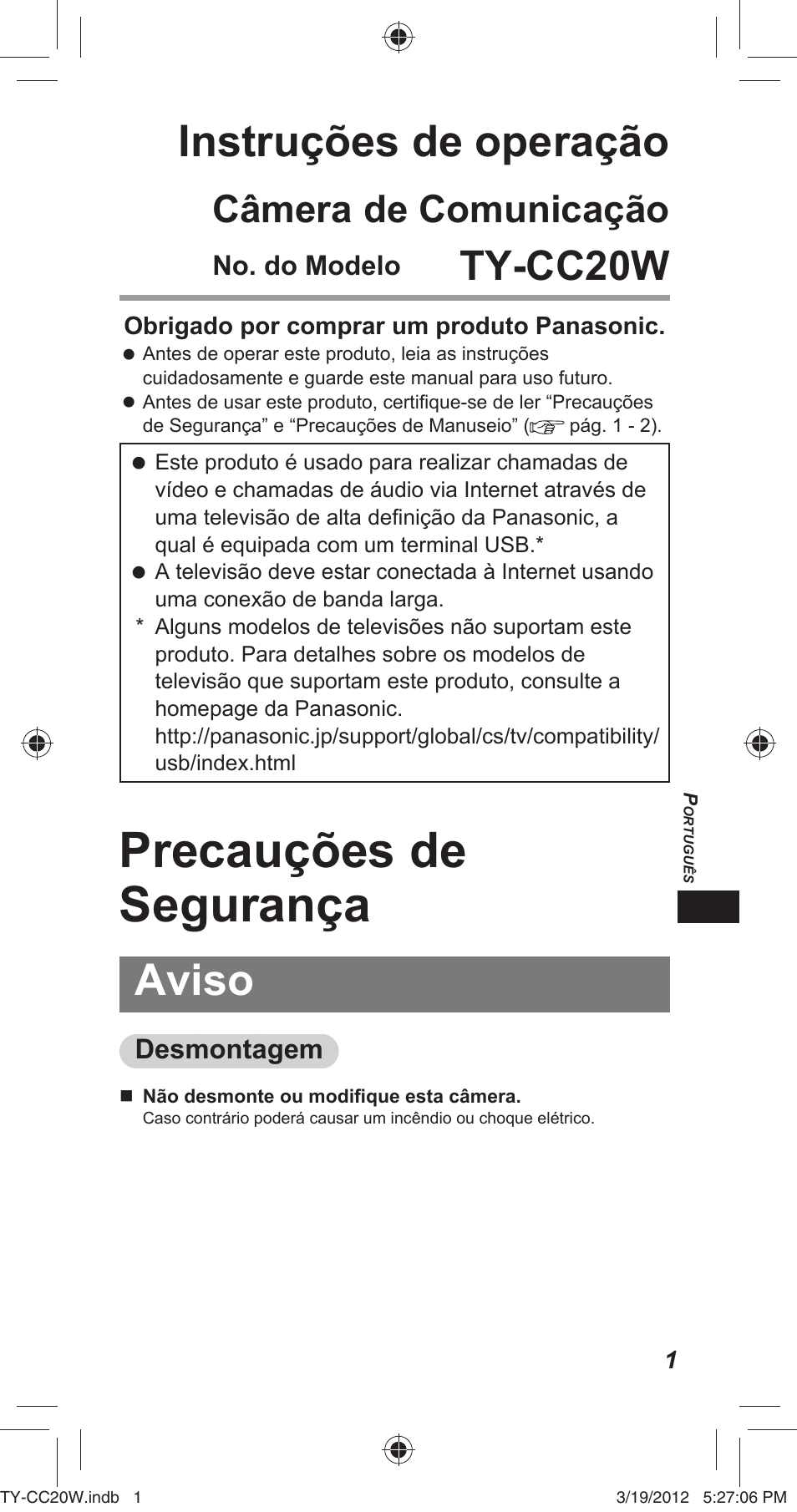 Precauções de segurança, Instruções de operação, Aviso | Ty-cc20w, Câmera de comunicação | Panasonic TYCC20W User Manual | Page 93 / 188