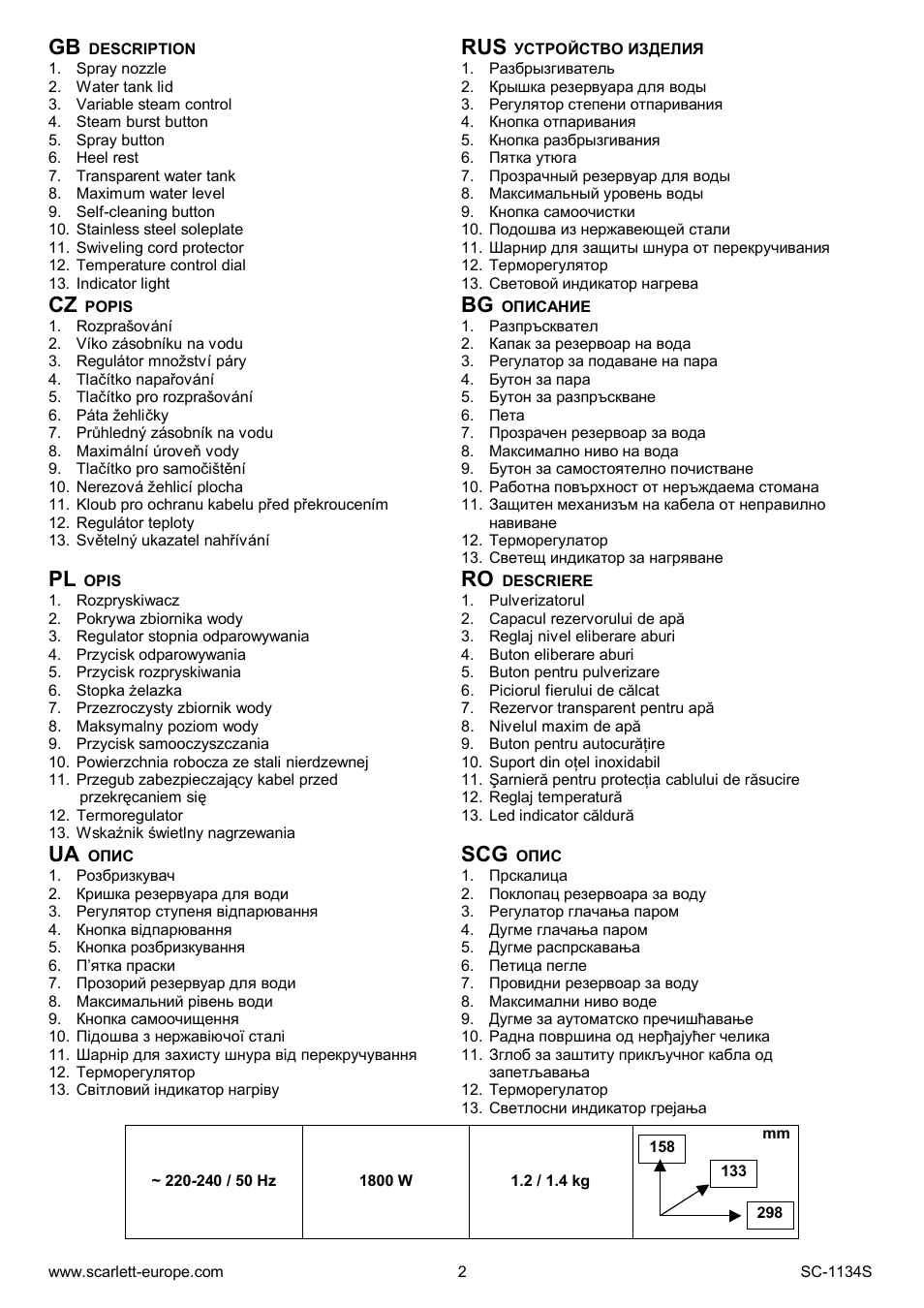 Ua scg | Scarlett SC-1134S User Manual | Page 2 / 27