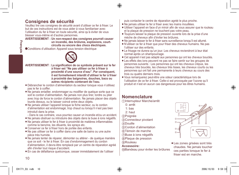Nomenclature, Consignes de sécurité | Panasonic EH1771 User Manual | Page 10 / 80