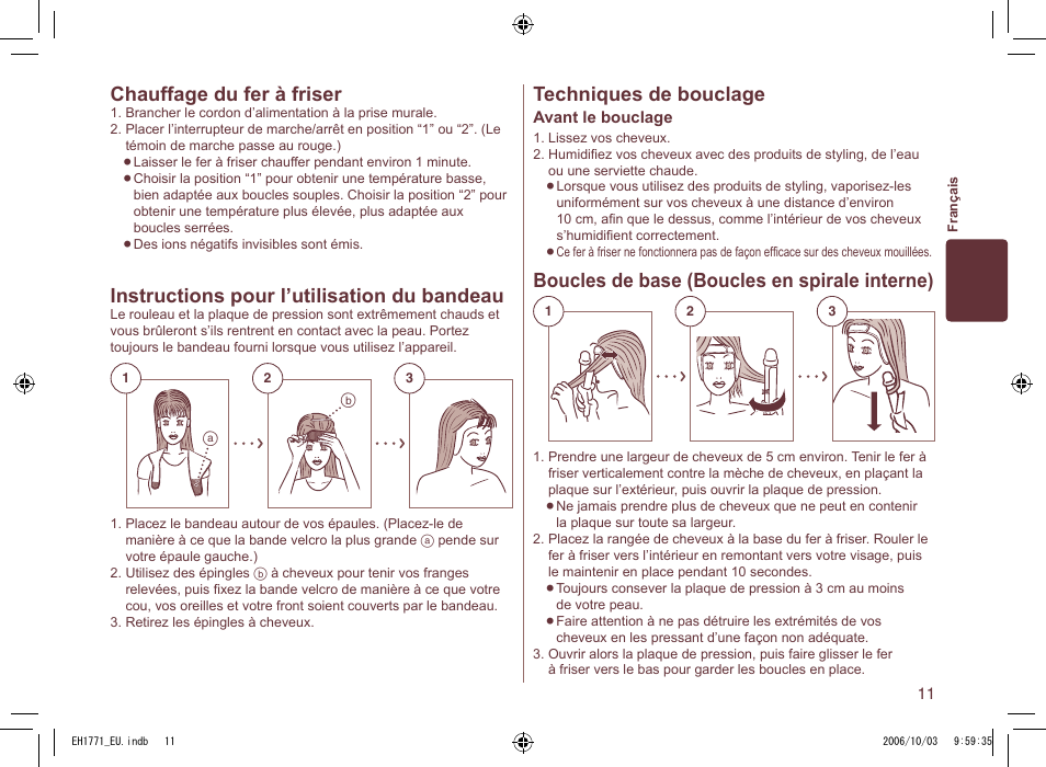 Chauffage du fer à friser, Techniques de bouclage, Boucles de base (boucles en spirale interne) | Instructions pour l’utilisation du bandeau | Panasonic EH1771 User Manual | Page 11 / 80