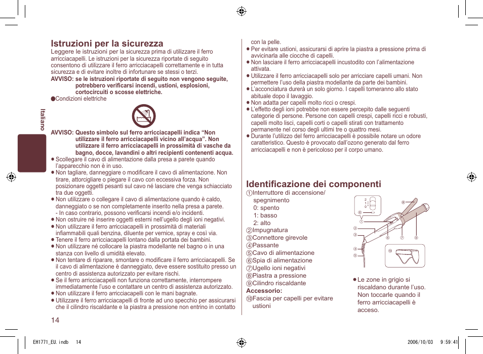 Identiﬁcazione dei componenti, Istruzioni per la sicurezza | Panasonic EH1771 User Manual | Page 14 / 80