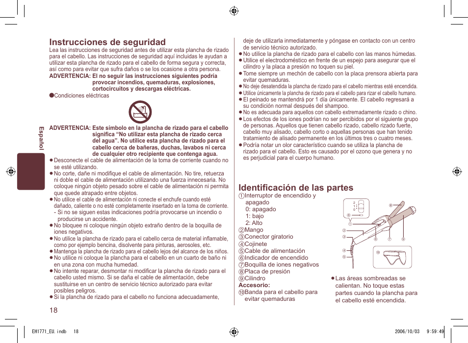 Identiﬁcación de las partes, Instrucciones de seguridad | Panasonic EH1771 User Manual | Page 18 / 80