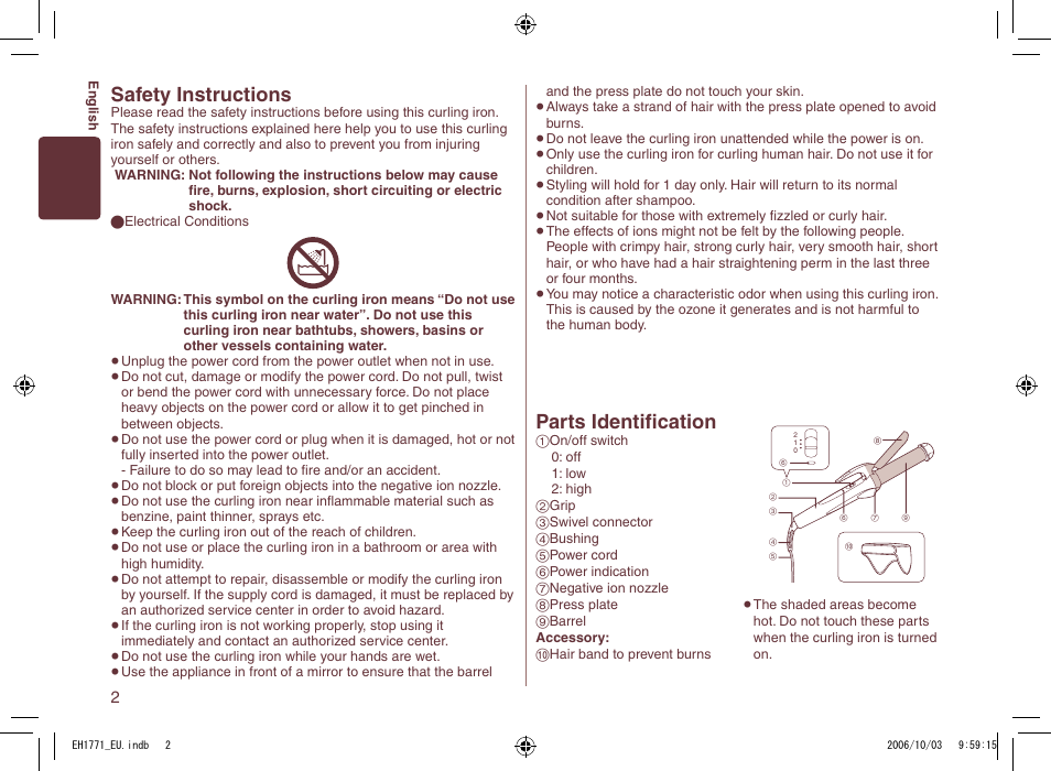 Parts identiﬁcation, Safety instructions | Panasonic EH1771 User Manual | Page 2 / 80