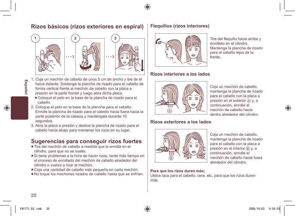 Rizos básicos (rizos exteriores en espiral), Sugerencias para conseguir rizos fuertes | Panasonic EH1771 User Manual | Page 20 / 80