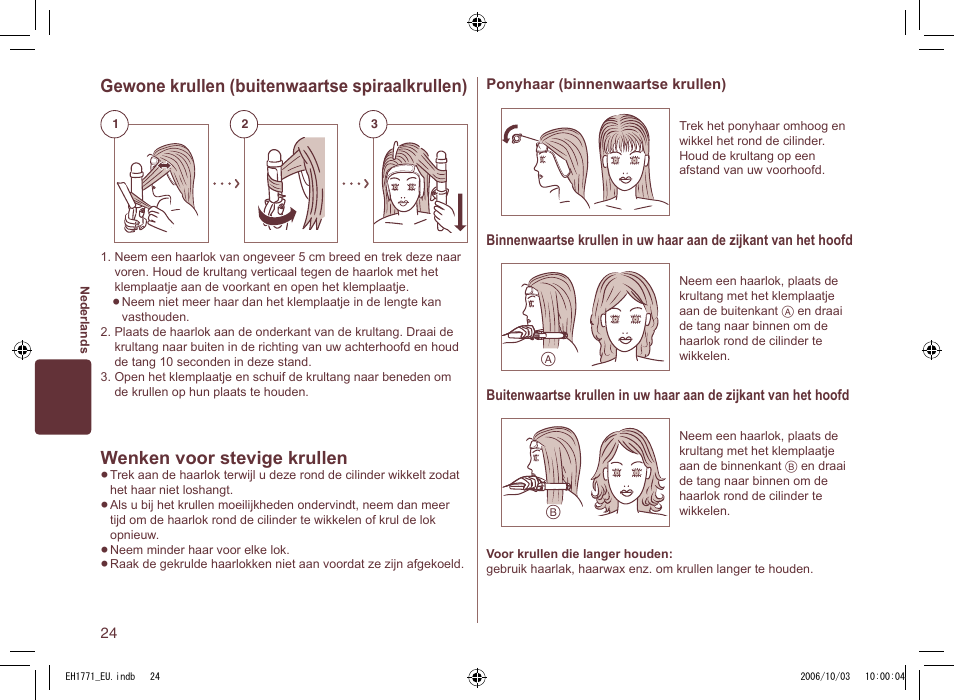 Gewone krullen (buitenwaartse spiraalkrullen), Wenken voor stevige krullen | Panasonic EH1771 User Manual | Page 24 / 80