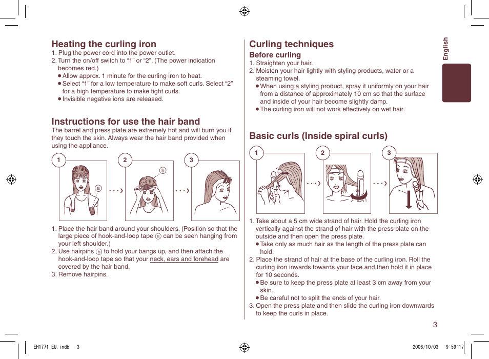 Heating the curling iron, Curling techniques, Basic curls (inside spiral curls) | Instructions for use the hair band | Panasonic EH1771 User Manual | Page 3 / 80