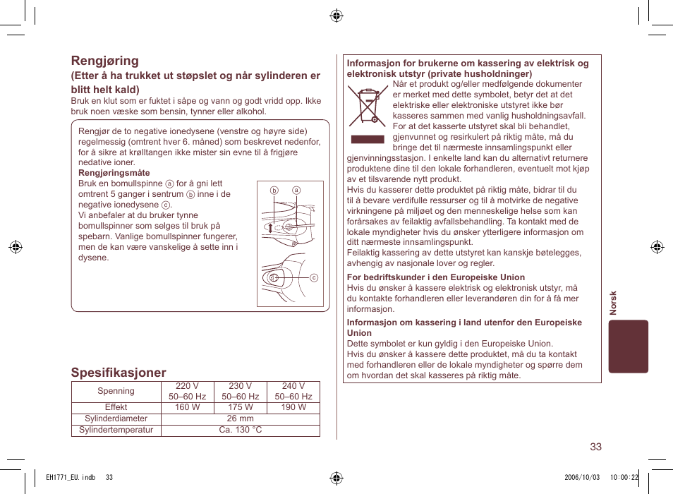 Rengjøring, Spesiﬁkasjoner | Panasonic EH1771 User Manual | Page 33 / 80