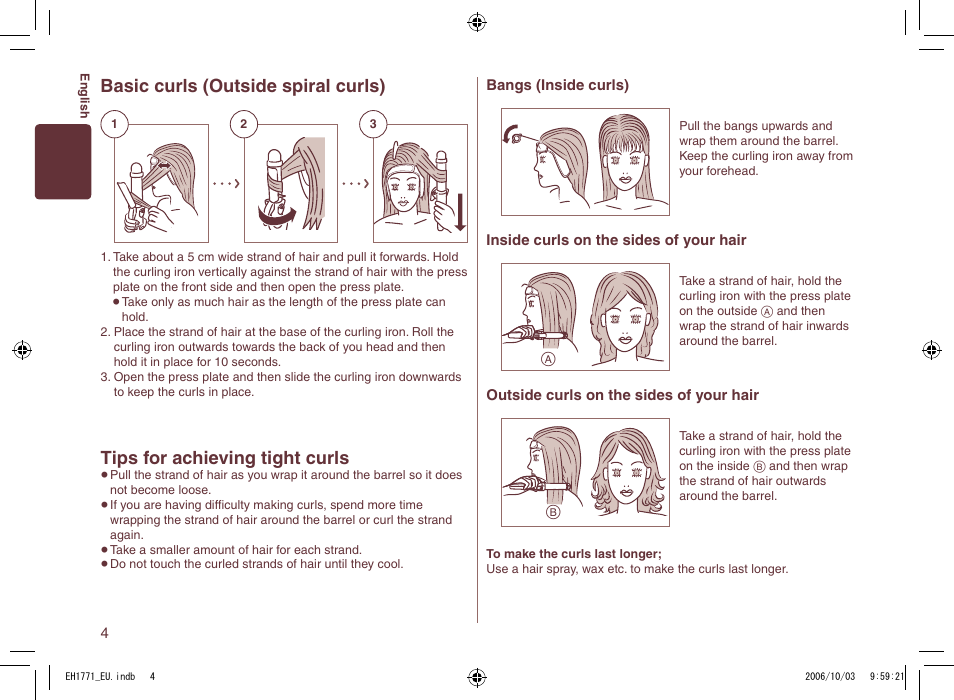 Basic curls (outside spiral curls), Tips for achieving tight curls | Panasonic EH1771 User Manual | Page 4 / 80