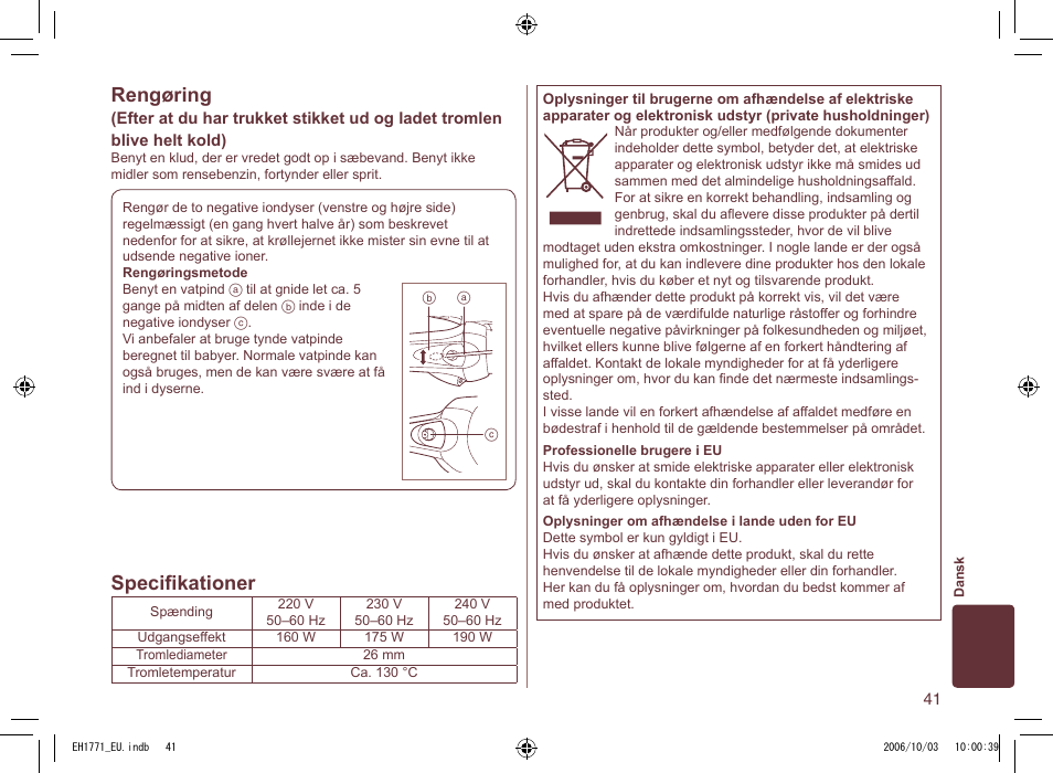 Rengøring, Speciﬁkationer | Panasonic EH1771 User Manual | Page 41 / 80