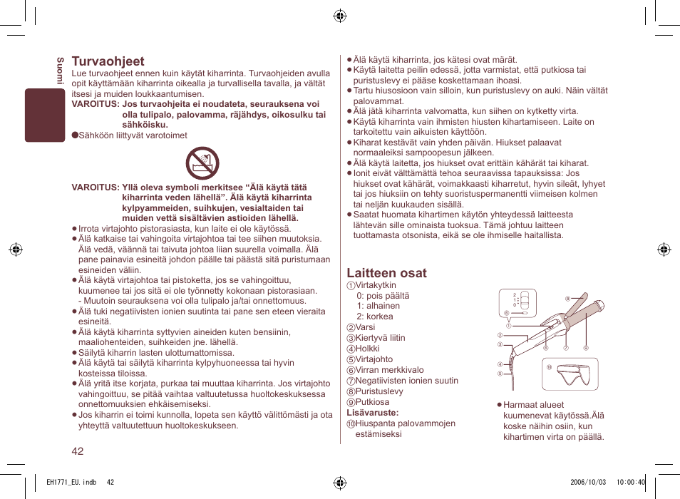 Laitteen osat, Turvaohjeet | Panasonic EH1771 User Manual | Page 42 / 80