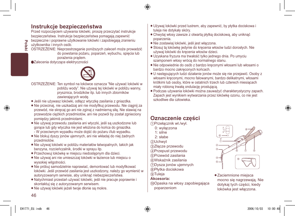 Oznaczenie części, Instrukcje bezpieczeństwa | Panasonic EH1771 User Manual | Page 46 / 80
