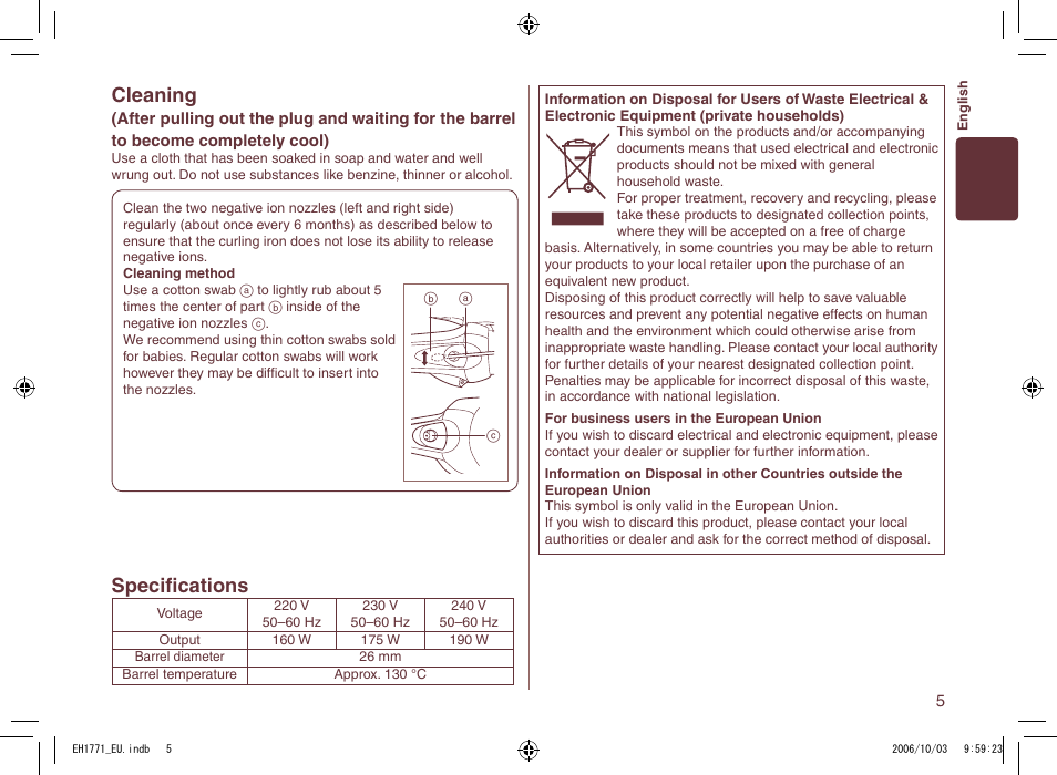 Cleaning, Speciﬁcations | Panasonic EH1771 User Manual | Page 5 / 80