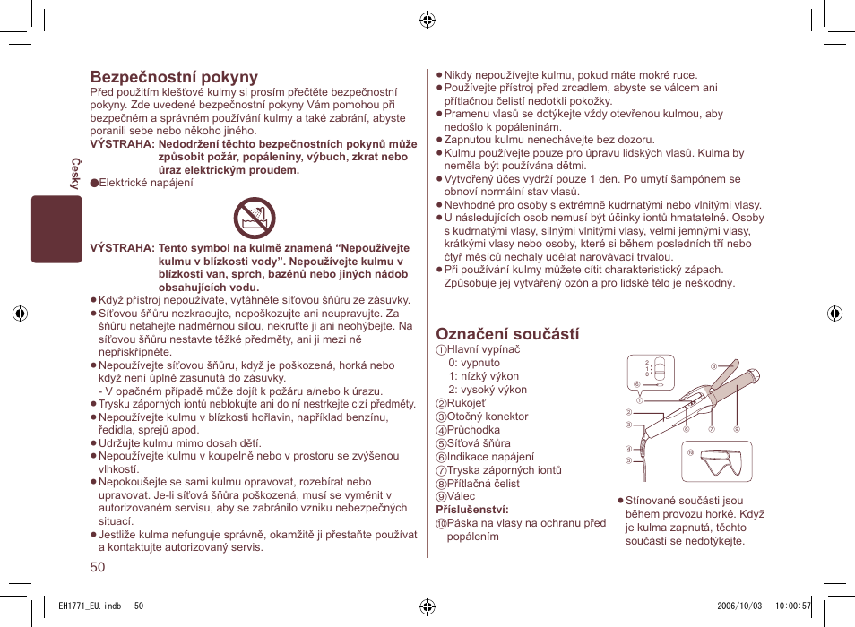 Označení součástí, Bezpečnostní pokyny | Panasonic EH1771 User Manual | Page 50 / 80