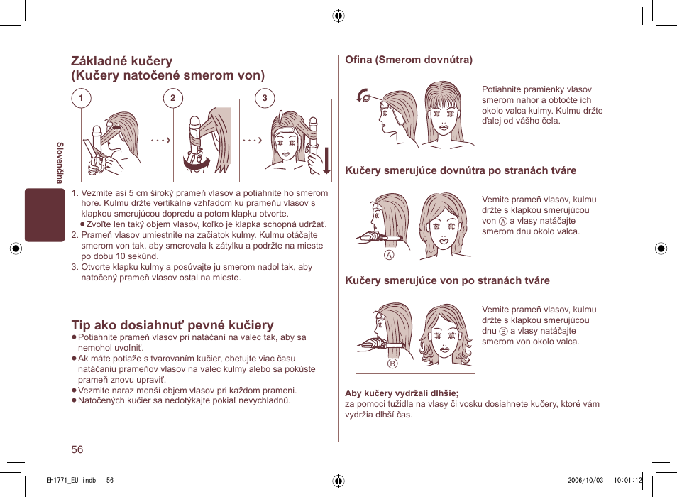 Základné kučery (kučery natočené smerom von), Tip ako dosiahnuť pevné kučiery | Panasonic EH1771 User Manual | Page 56 / 80