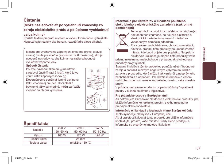 Čistenie, Špeciﬁkácia | Panasonic EH1771 User Manual | Page 57 / 80