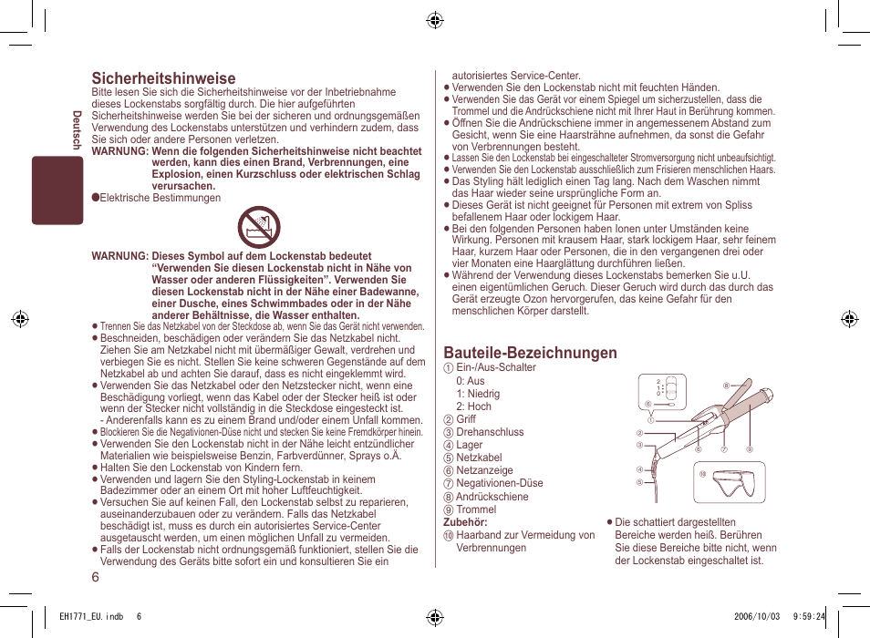 Bauteile-bezeichnungen, Sicherheitshinweise | Panasonic EH1771 User Manual | Page 6 / 80