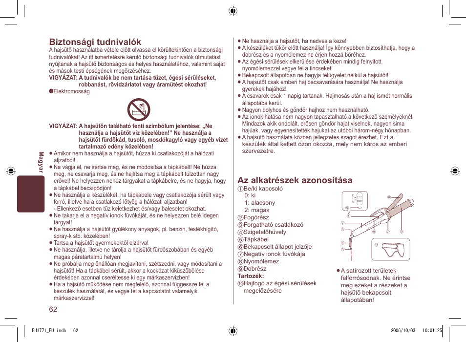 Az alkatrészek azonosítása, Biztonsági tudnivalók | Panasonic EH1771 User Manual | Page 62 / 80