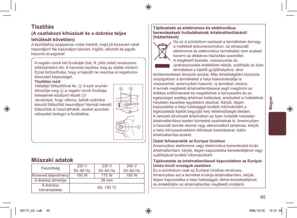 Tisztítás, Műszaki adatok | Panasonic EH1771 User Manual | Page 65 / 80
