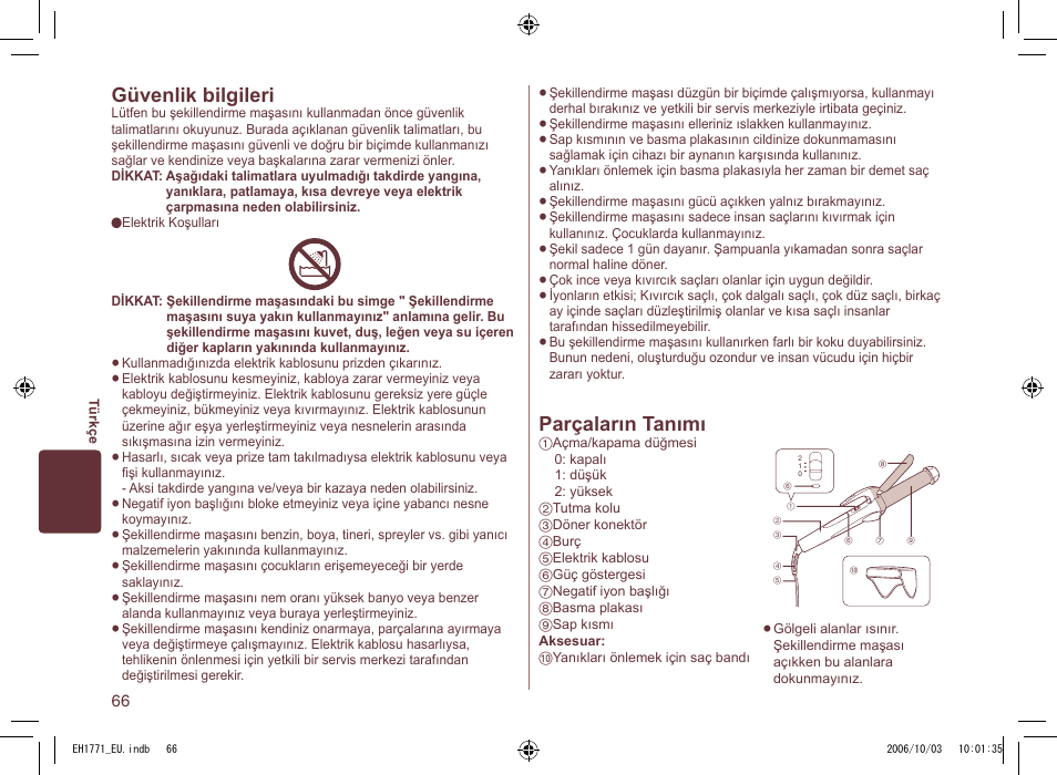 Parçaların tanımı, Güvenlik bilgileri | Panasonic EH1771 User Manual | Page 66 / 80