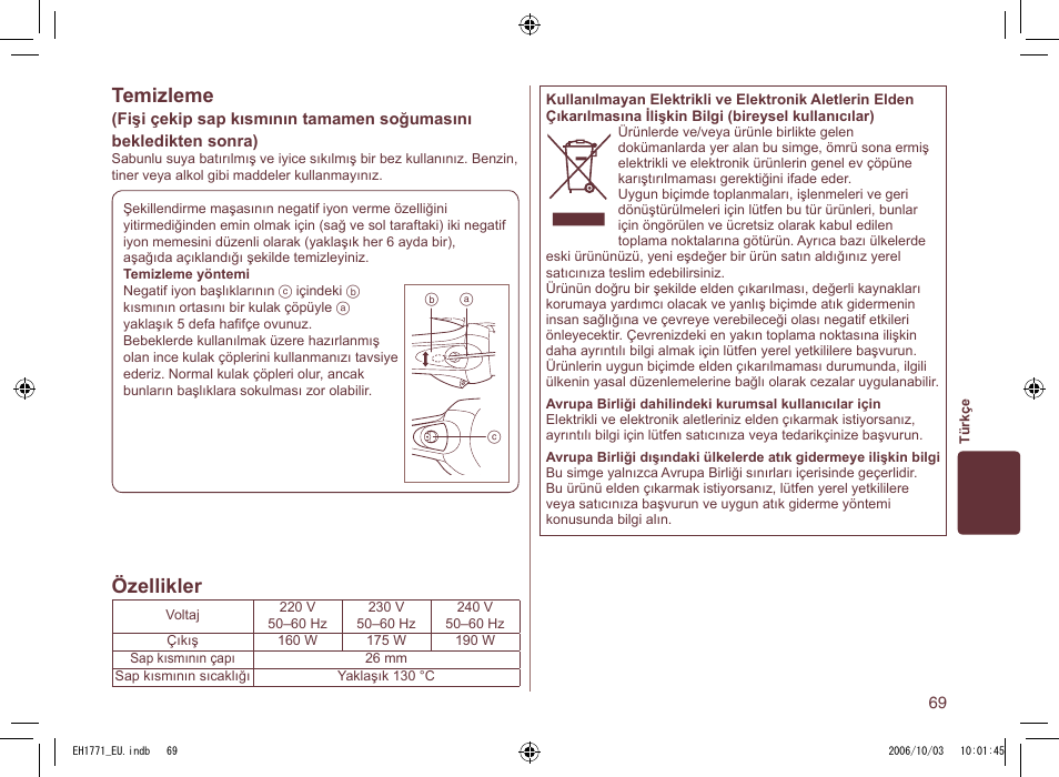 Temizleme, Özellikler | Panasonic EH1771 User Manual | Page 69 / 80