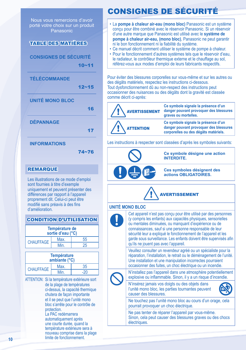 Consignes de sécurité | Panasonic WHMDF09C3E8 User Manual | Page 10 / 76