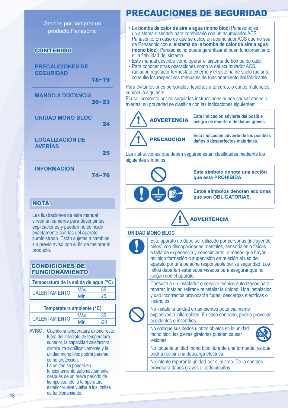 Precauciones de seguridad | Panasonic WHMDF09C3E8 User Manual | Page 18 / 76