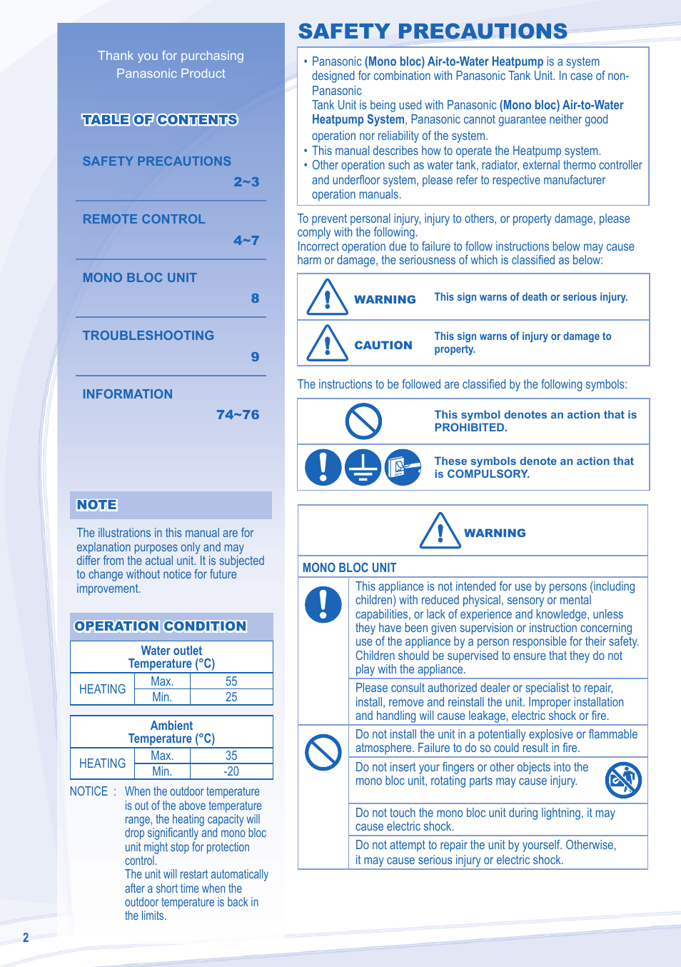 Safety precautions | Panasonic WHMDF09C3E8 User Manual | Page 2 / 76