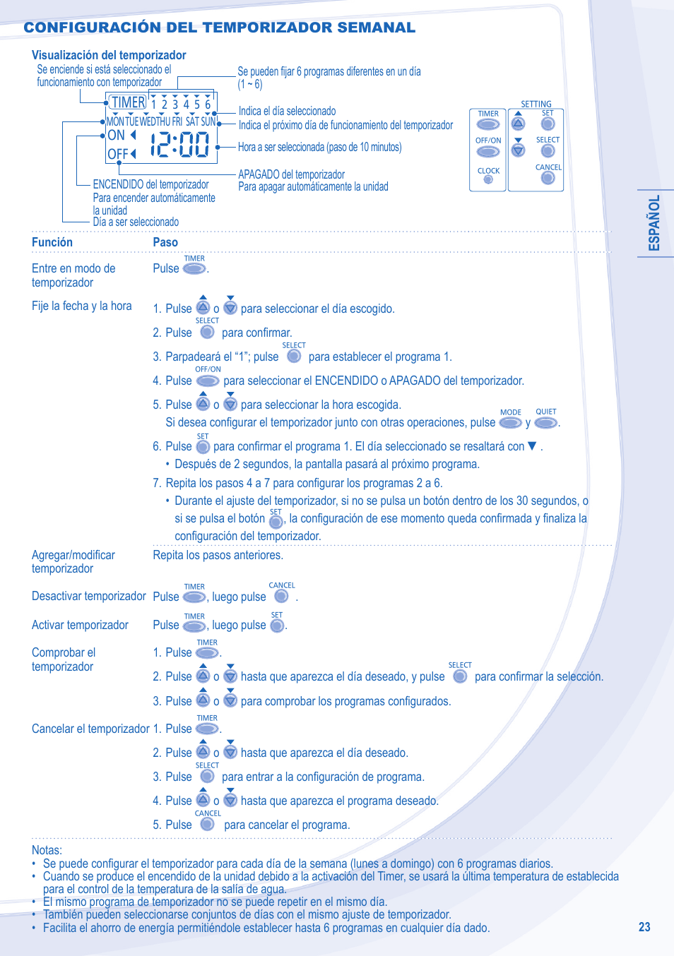 Esp añol, Configuración del temporizador semanal | Panasonic WHMDF09C3E8 User Manual | Page 23 / 76