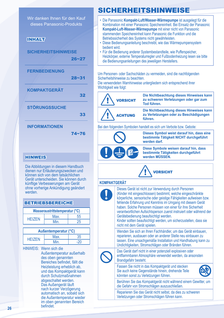 Sicherheitshinweise | Panasonic WHMDF09C3E8 User Manual | Page 26 / 76